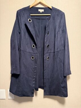 Laura Plus Faux Suede Jacket Size 16 Navy Long Open Front Duster Grommet Coat